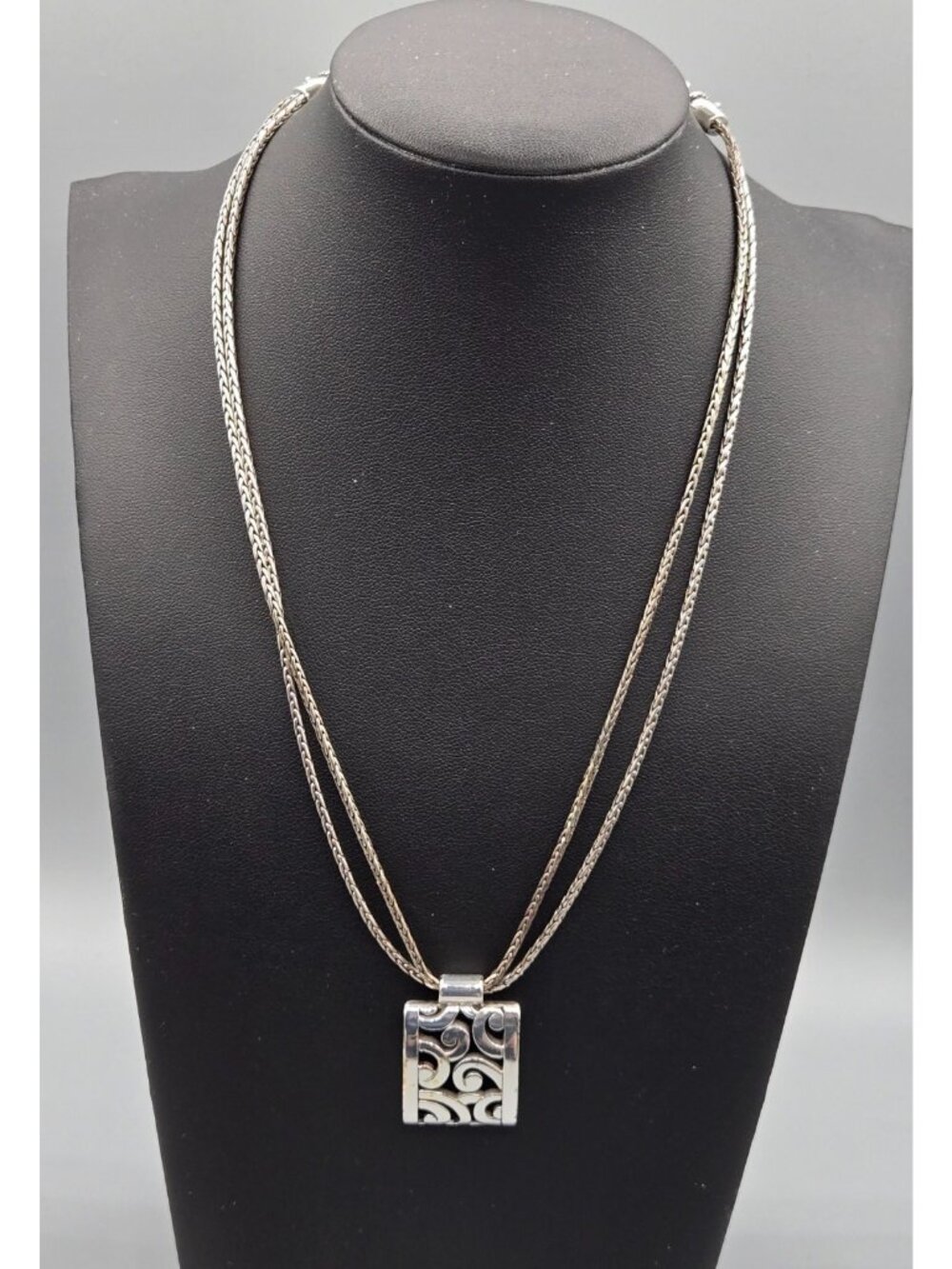 Brighton Deco Lace Dobl Chain Silver Plated Scroll Necklace Fillagree Sq Pendant